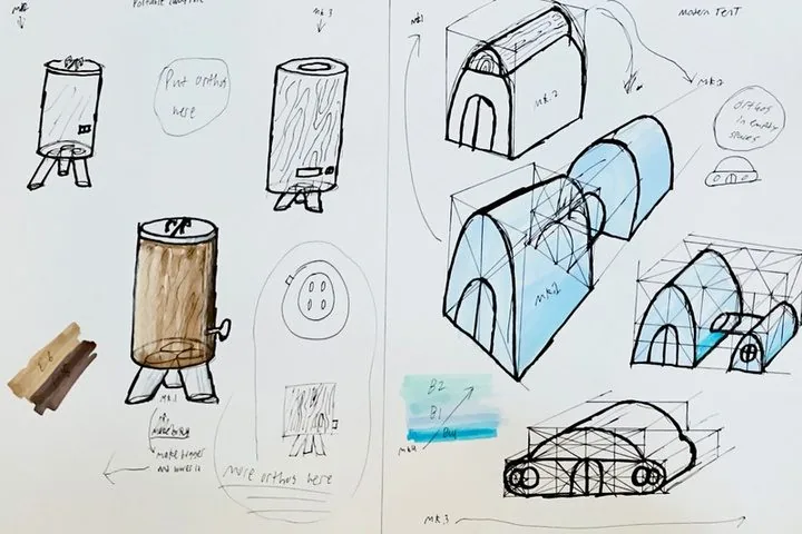Concept sketch sheet showing log-form and collapsible iterations