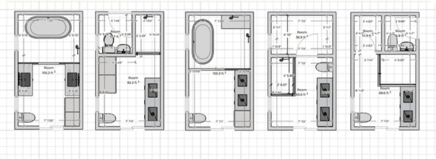 Five layout variations worked up for one bathroom